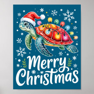 Merry Christmas Sea Turtle Christmas Lights Santa Poster
