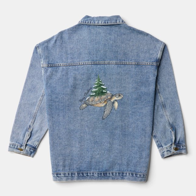 Merry Christmas Sea Turtle Denim Jacket (Back)