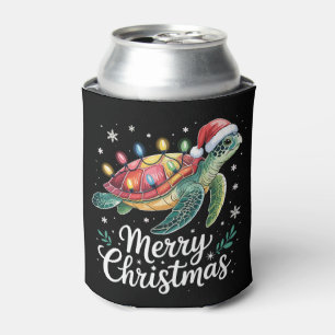 Merry Christmas Sea Turtle Santa Hat String Lights Can Cooler
