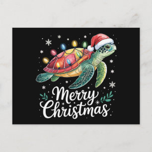Merry Christmas Sea Turtle Santa Hat String Lights Holiday Postcard