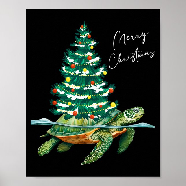 Merry Christmas Sea Turtle Xmas Tree Lights Pjs Me Poster (Front)