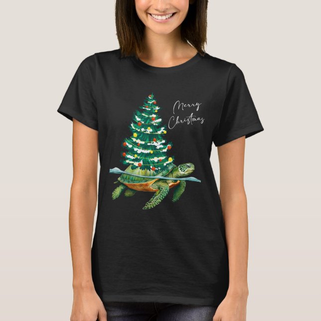 Merry Christmas Sea Turtle Xmas Tree Lights Pjs Me T-Shirt (Front)