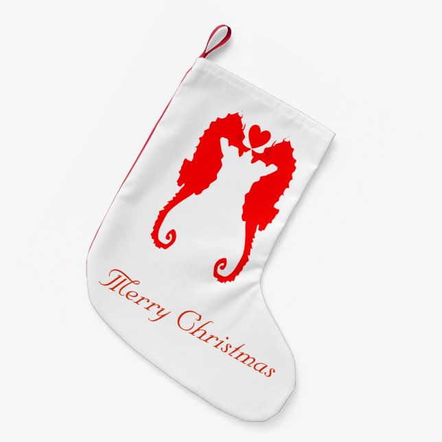 Merry Christmas Seahorse & Heart Small Christmas Stocking (Front (Hanging))