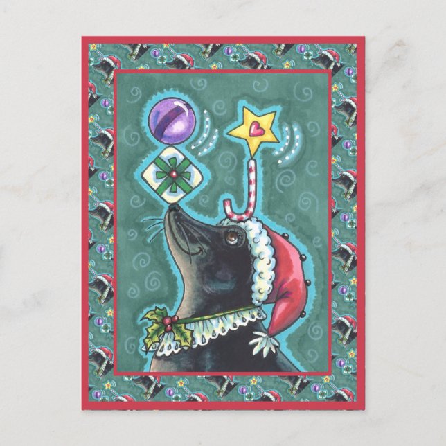 MERRY CHRISTMAS SEAL BALANCING GIFTS, CANDY CANE POSTCARD (Front)
