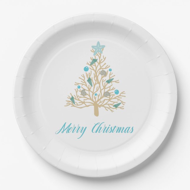 Merry Christmas Seashell Christmas Tree Paper Plate (Front)