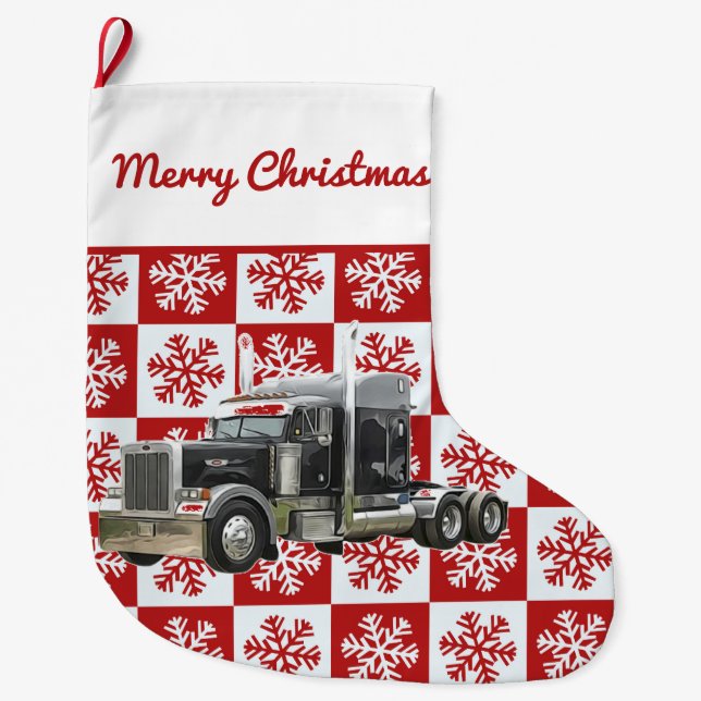 Merry Christmas Semi Transport Truck Snowflake Large Christmas Stocking (Front)