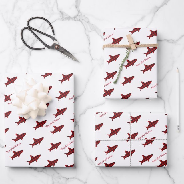 Merry Christmas Shark Red Black Buffalo Plaid Wrapping Paper Sheet (Front)