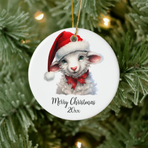 Merry Christmas Sheep in Santa Hat Red Bow Custom Ceramic Tree Decoration