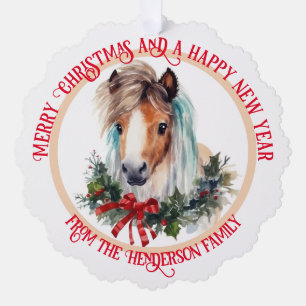 Merry Christmas Shetland pony and Xmas wreath Tree Decoration Card