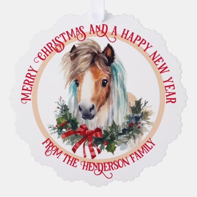 Merry Christmas Shetland pony and Xmas wreath Tree Decoration Card (Front)