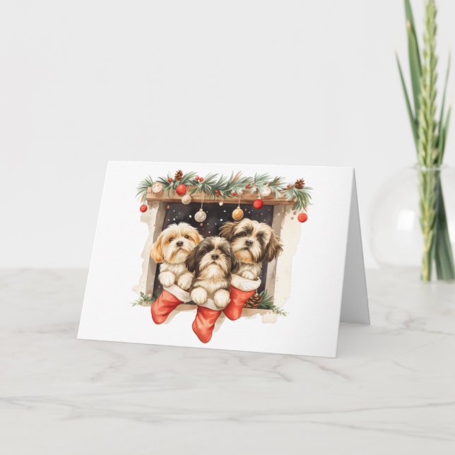 Merry Christmas Shih Tzu Dogs Holiday Card (Front)