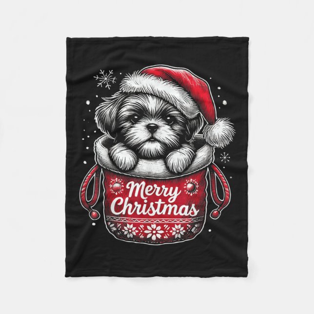Merry Christmas Shih Tzu Graphic Tee  Fleece Blanket (Front)