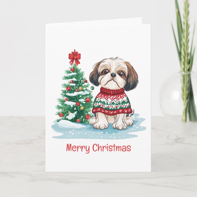 Merry Christmas Shih Tzu Santa Dog Holiday Card (Front)