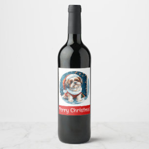 Merry Christmas Shih Tzu Santa Dog Wine Label