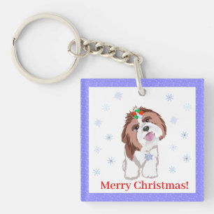 Merry Christmas Shih Tzu With Snowflake  Key Ring