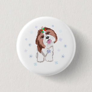 Merry Christmas Shih Tzu With Snowflake  Keychain 3 Cm Round Badge