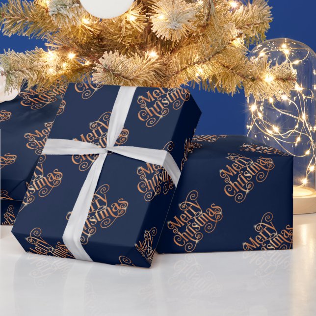 Merry Christmas Shiny Swirl Gold Text Dark Blue Wrapping Paper (Holidays)