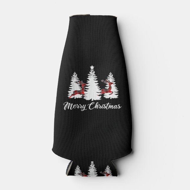 Merry Christmas Shirt for Women Buffalo Plaid Rein Bottle Cooler (Front)