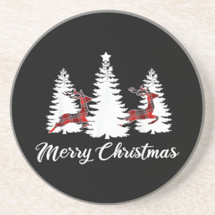 Merry Christmas Shirt for Women Buffalo Plaid Rein Coaster