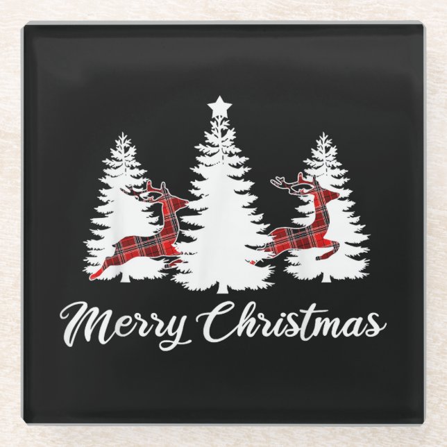 Merry Christmas Shirt for Women Buffalo Plaid Rein Glass Coaster (Front)