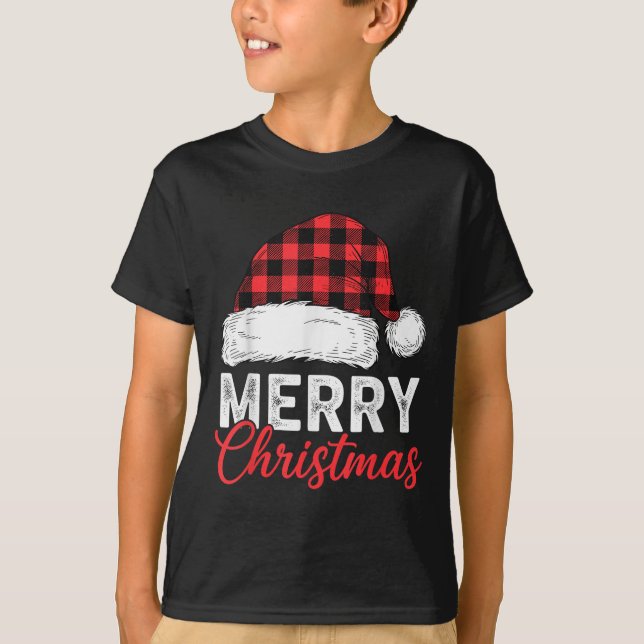 Merry Christmas Shirt Santa Hat Buffalo Plaid Men  (Front)