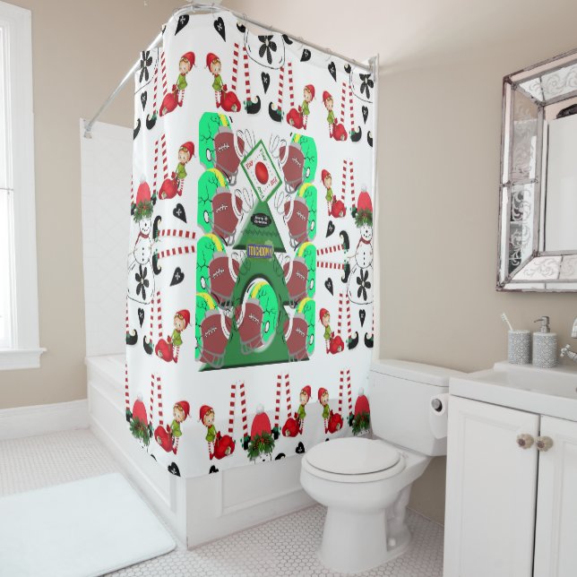 Merry Christmas Shower Curtain Football Elf  (In Situ)