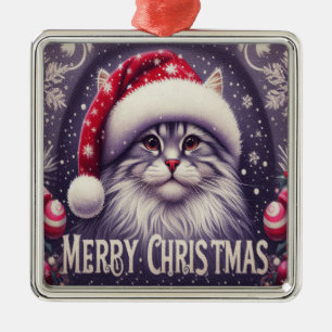 Merry Christmas Siberian Cat, Xmas Santa Kitten Metal Tree Decoration
