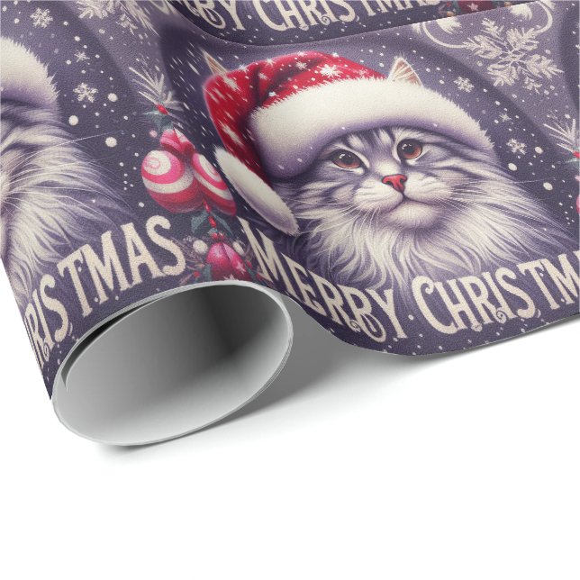 Merry Christmas Siberian Cat, Xmas Santa Kitten Wrapping Paper (Roll Corner)