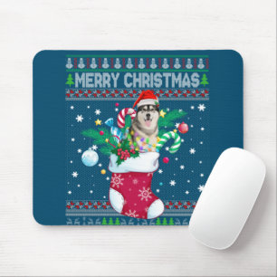 Merry Christmas Siberian Husky Dog In Sock Funny Mouse Mat
