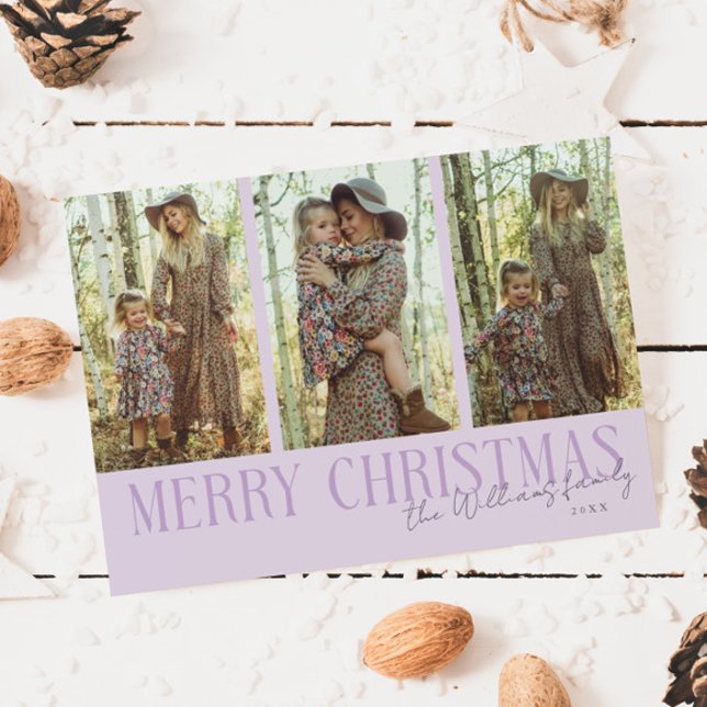 Merry Christmas Signature Multi Photo Purple Holiday Card (Creator Uploaded)