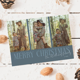 Merry Christmas Signature Multi Photo Slate Blue Holiday Card