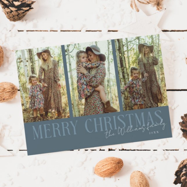 Merry Christmas Signature Multi Photo Slate Blue Holiday Card (Creator Uploaded)