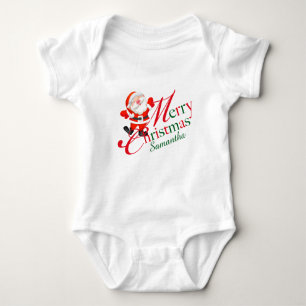Merry Christmas Signature Name Red Santa Baby Bodysuit