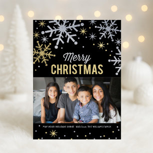 Merry Christmas Silver and Gold Sparkle Photo Holiday Card