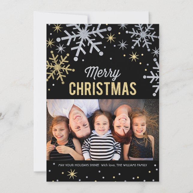 Merry Christmas Silver and Gold Sparkle Photo Holiday Card (Front)