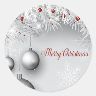 Merry Christmas, Silver Balls, Branches,Snowflakes Classic Round Sticker