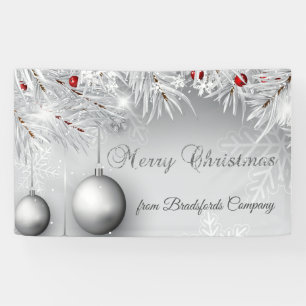 Merry Christmas, Silver Balls, Snowflakes,Branches Banner