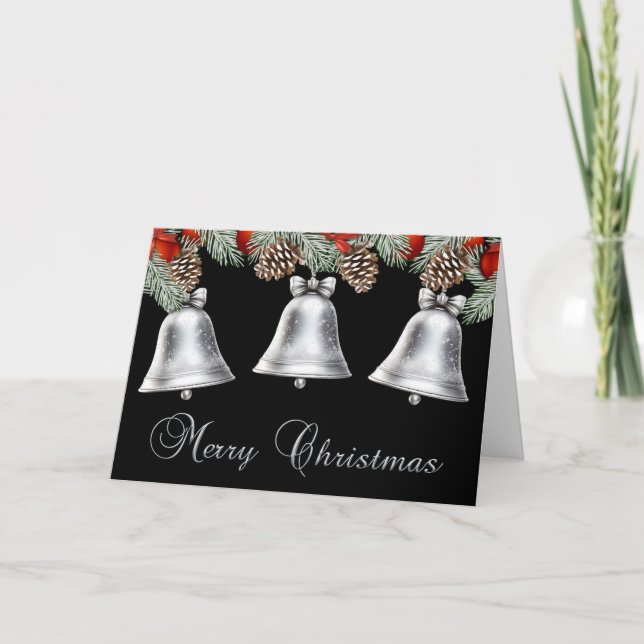 Merry Christmas Silver Bells with Pine Cones Holiday Card (Front)