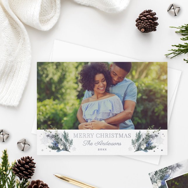 Merry Christmas Silver Blue Green Winter Floral Foil Holiday Card (Creator Uploaded)