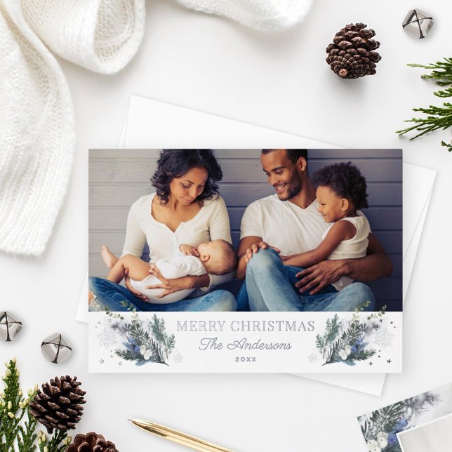 Merry Christmas Silver Blue Green Winter Floral Foil Holiday Card (Creator Uploaded)