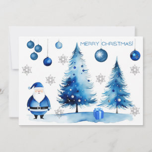 Merry Christmas Silver & Blue Japandi Watercolor Holiday Card