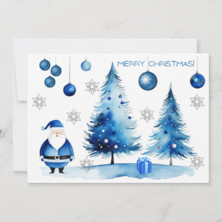 Merry Christmas Silver & Blue Japandi Watercolor  Holiday Card