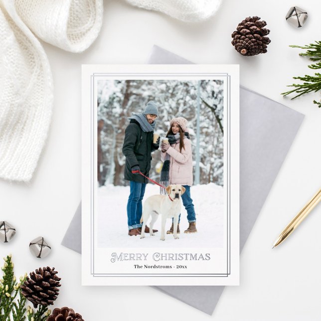 Merry Christmas Silver Decorative Photo Border Foil Holiday Card (Creator Uploaded)