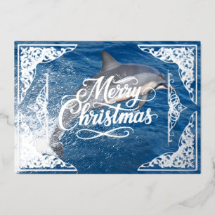 Merry Christmas silver foil filigree, dolphin Holiday Card