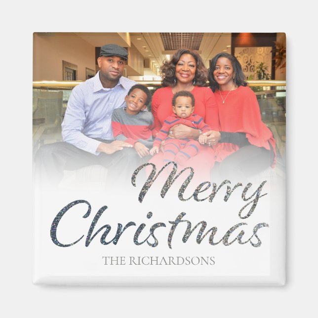 Merry Christmas Silver Glitter FULL Photo & Name 2 Magnet (Front)