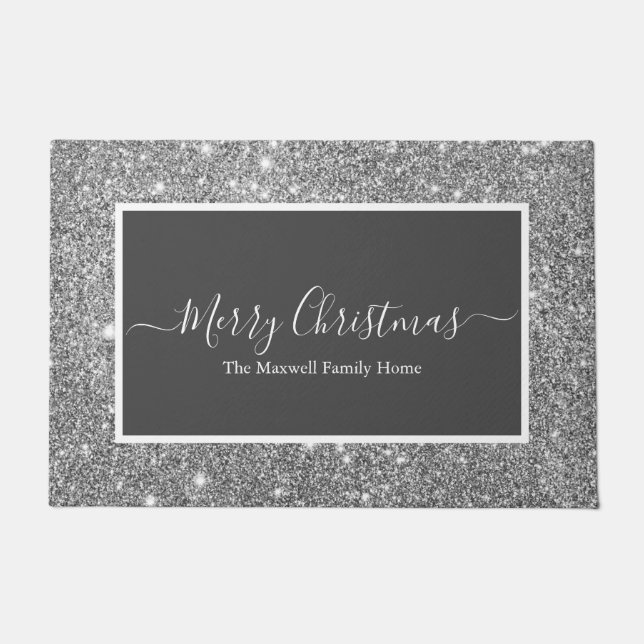 Merry Christmas silver glitter grey family name   Doormat (Front)