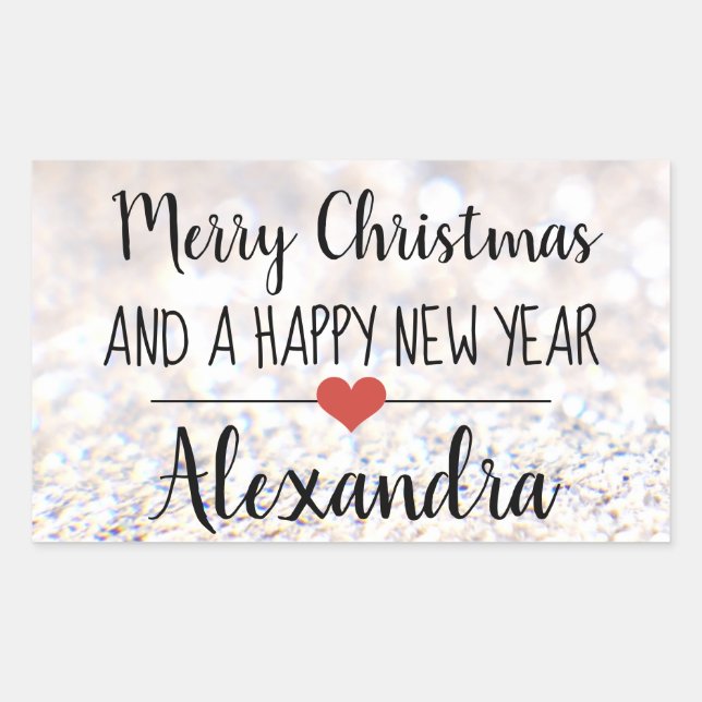 Merry Christmas silver glitter name sticker (Front)