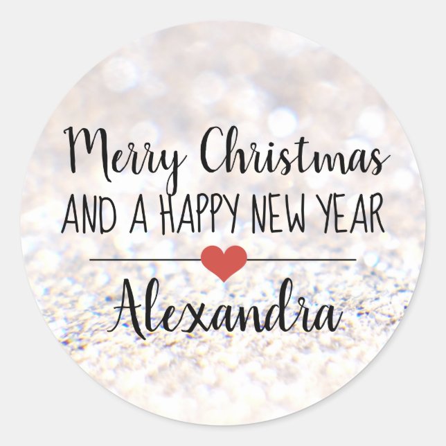 Merry Christmas silver glitter name sticker (Front)