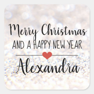 Merry Christmas silver glitter name sticker