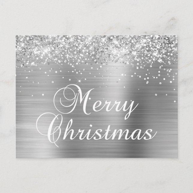 Merry Christmas Silver Glittery Faux Foil Holiday Postcard (Front)